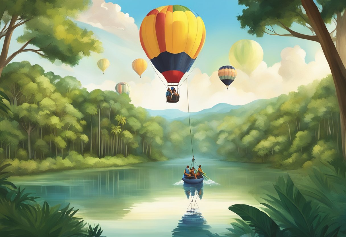 A couple zip-lining through lush forest, kayaking on serene waters, and enjoying a hot air balloon ride over Orlando's scenic landscapes