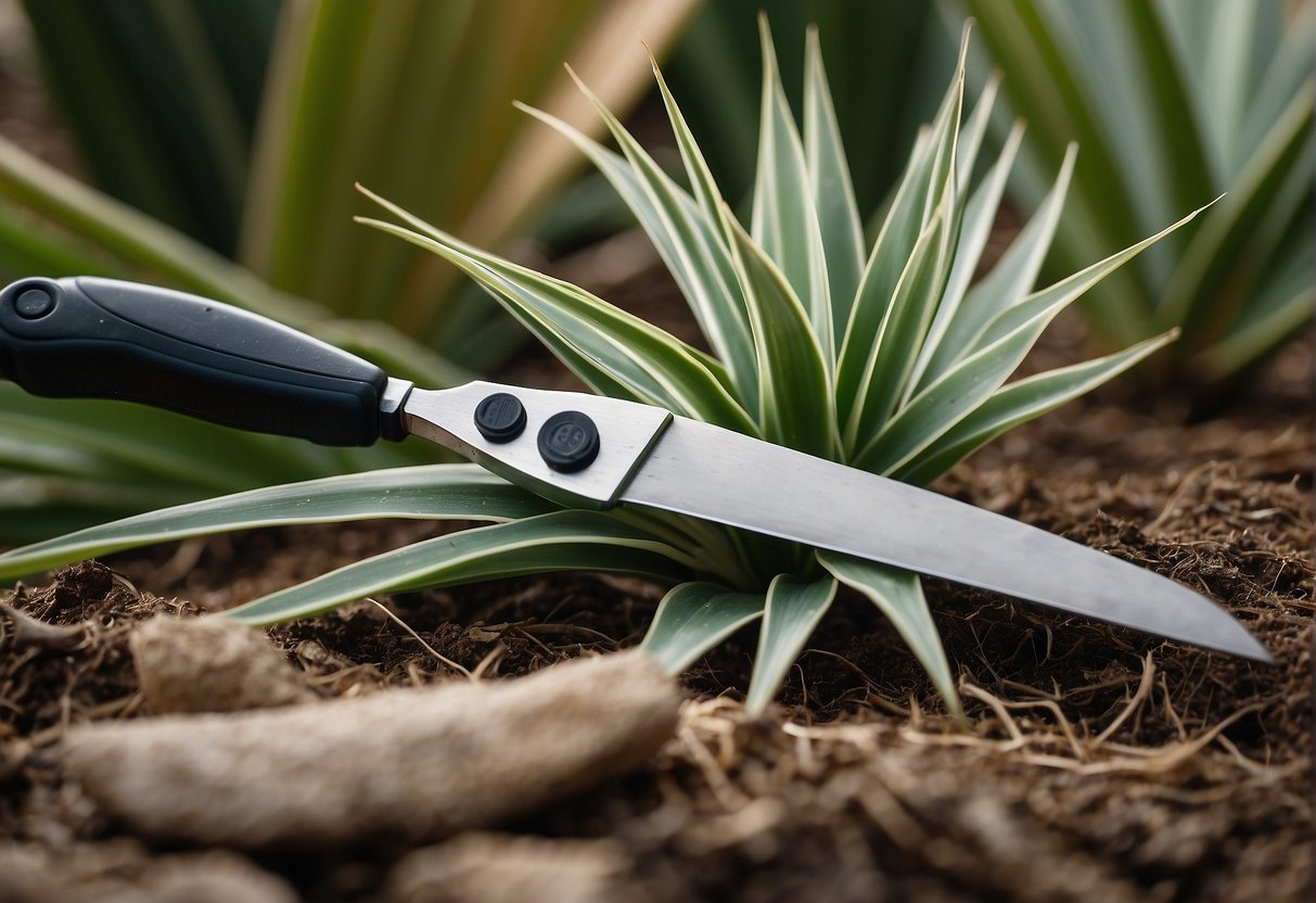 A pair of gardening shears cuts through the long, sword-shaped leaves of a yucca plant. The trimmed leaves pile up on the ground as the plant is shaped and pruned