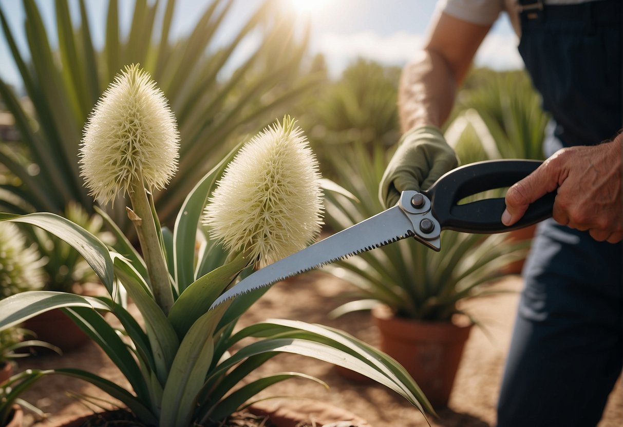 Yucca plant being trimmed with gardening shears in a sunny outdoor setting