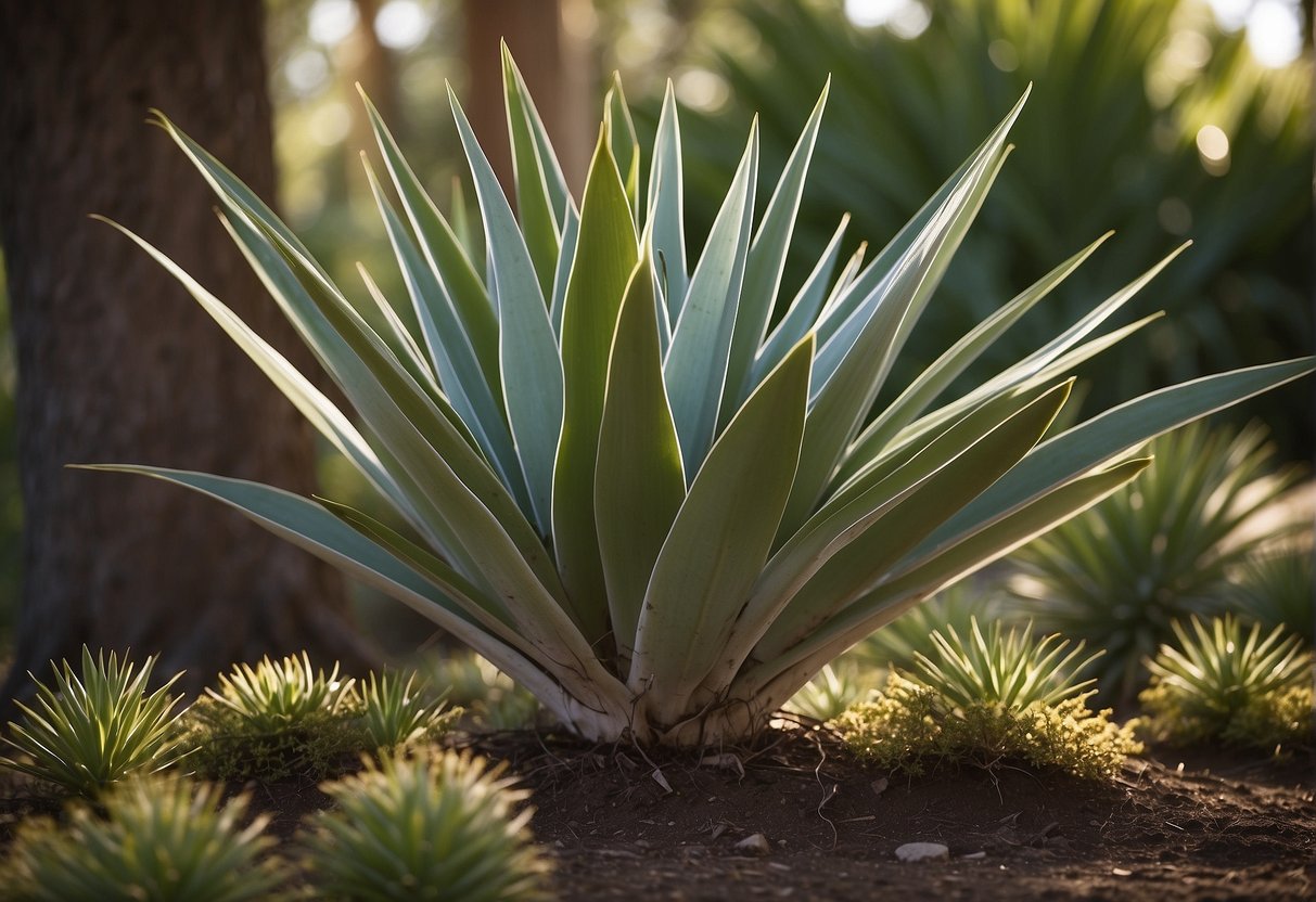 A mature yucca plant stands tall with a thick trunk and long, sword-shaped leaves, reaching up to 10 feet in height