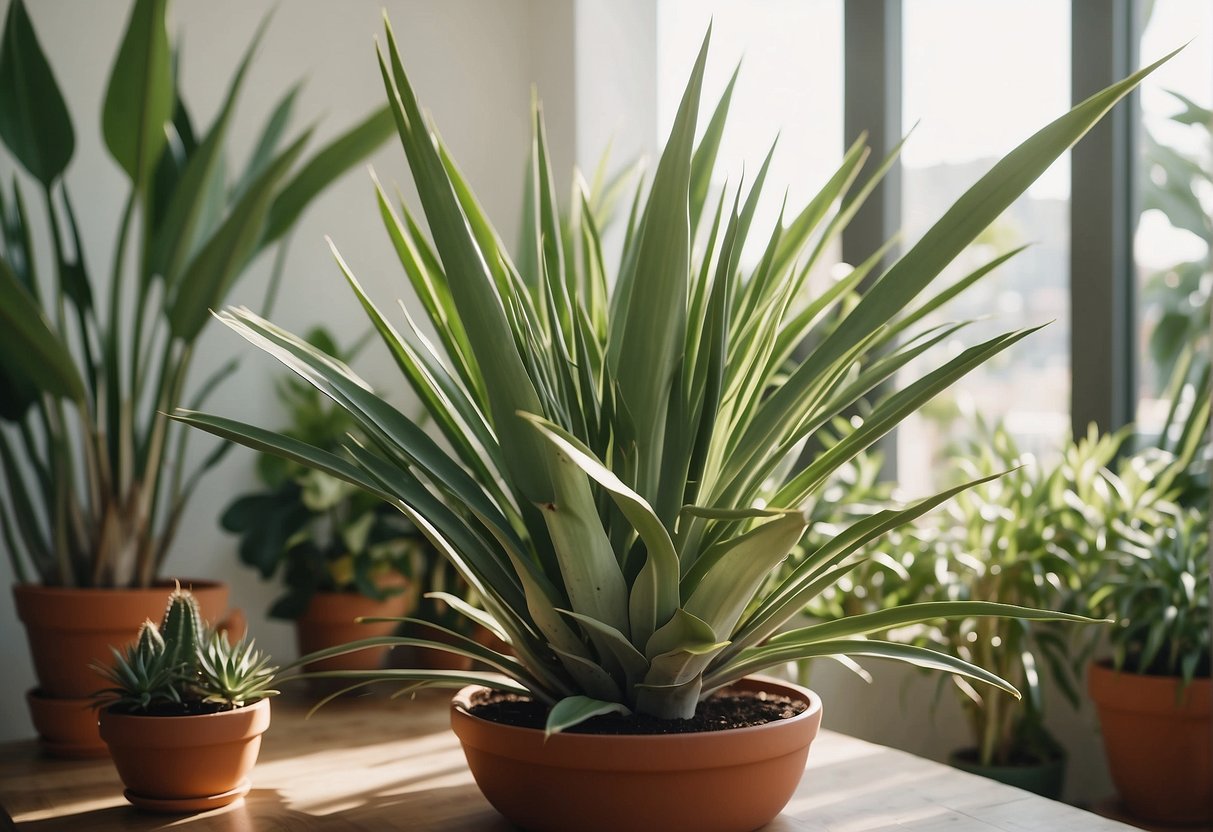 A yucca plant sits in a sunny room, surrounded by other potted plants. It is tall and sturdy, with long, sword-shaped leaves reaching towards the ceiling. The plant looks healthy and well cared for, with no signs of wilting