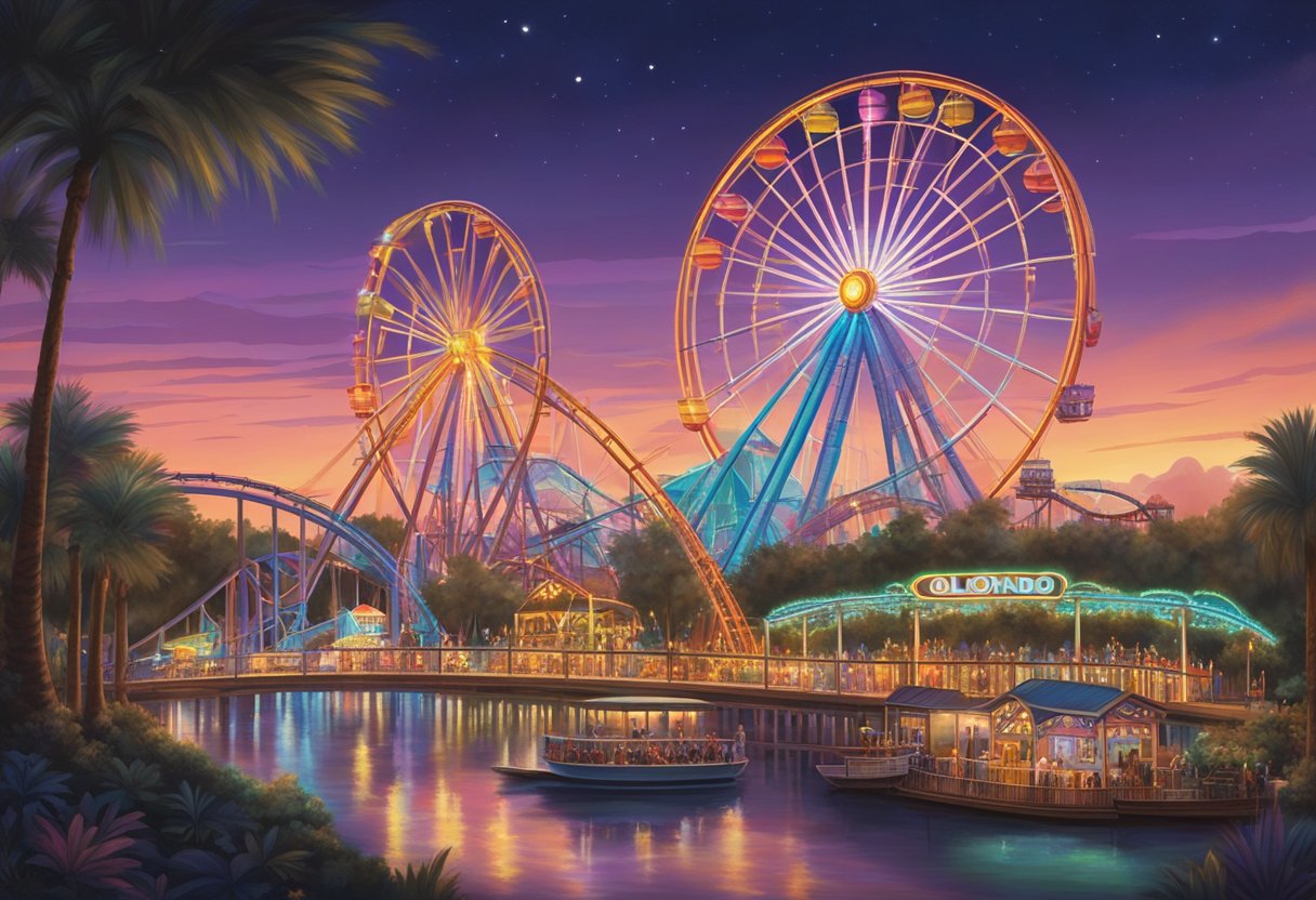 Colorful lights illuminate roller coasters and Ferris wheels at iconic Orlando theme parks after dark. The vibrant glow creates a magical atmosphere as visitors enjoy the late-night attractions