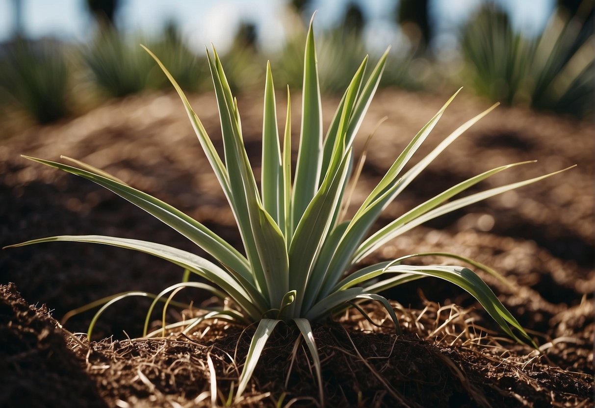 A mature yucca plant with multiple stems and roots being carefully divided with a sharp tool in early spring or late summer