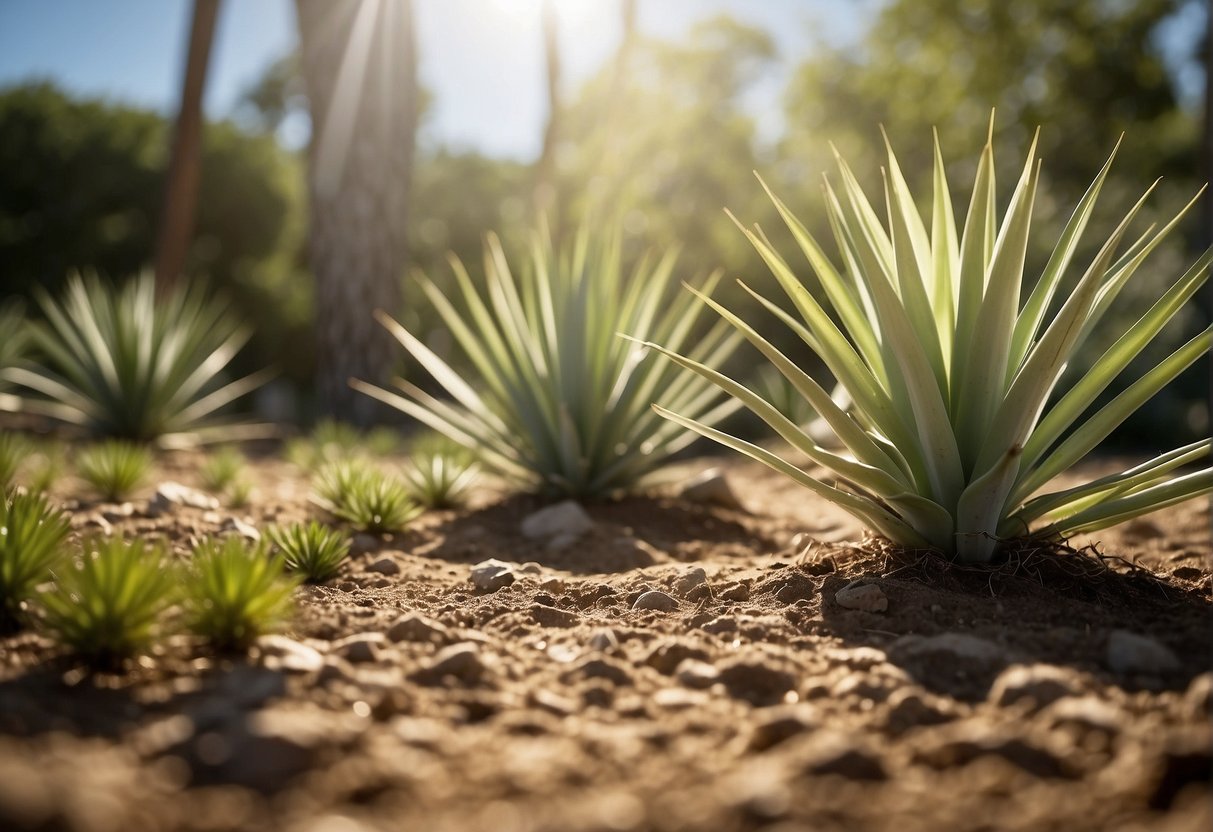 A yucca plant being divided with a shovel in a sunny garden setting