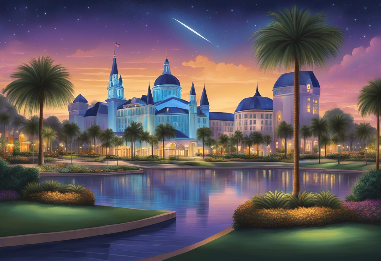 Orlando attractions glow under the night sky, inviting visitors to enjoy free activities and relaxing evenings. Lights illuminate the scene, creating a vibrant and lively atmosphere