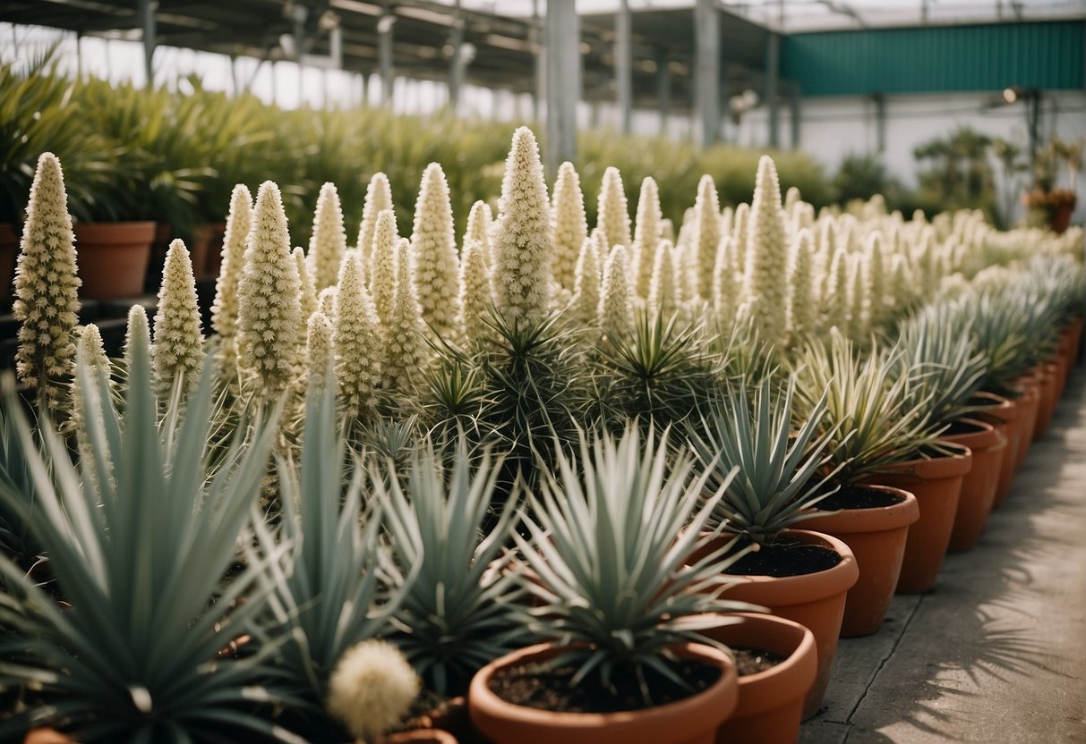 A garden center with rows of yucca flower plants in pots, surrounded by greenery and signage