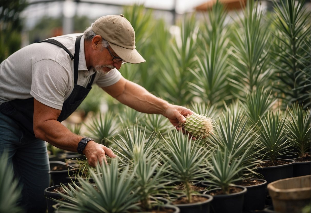 A customer carefully selects a healthy yucca plant from a row of vibrant options at a local garden center