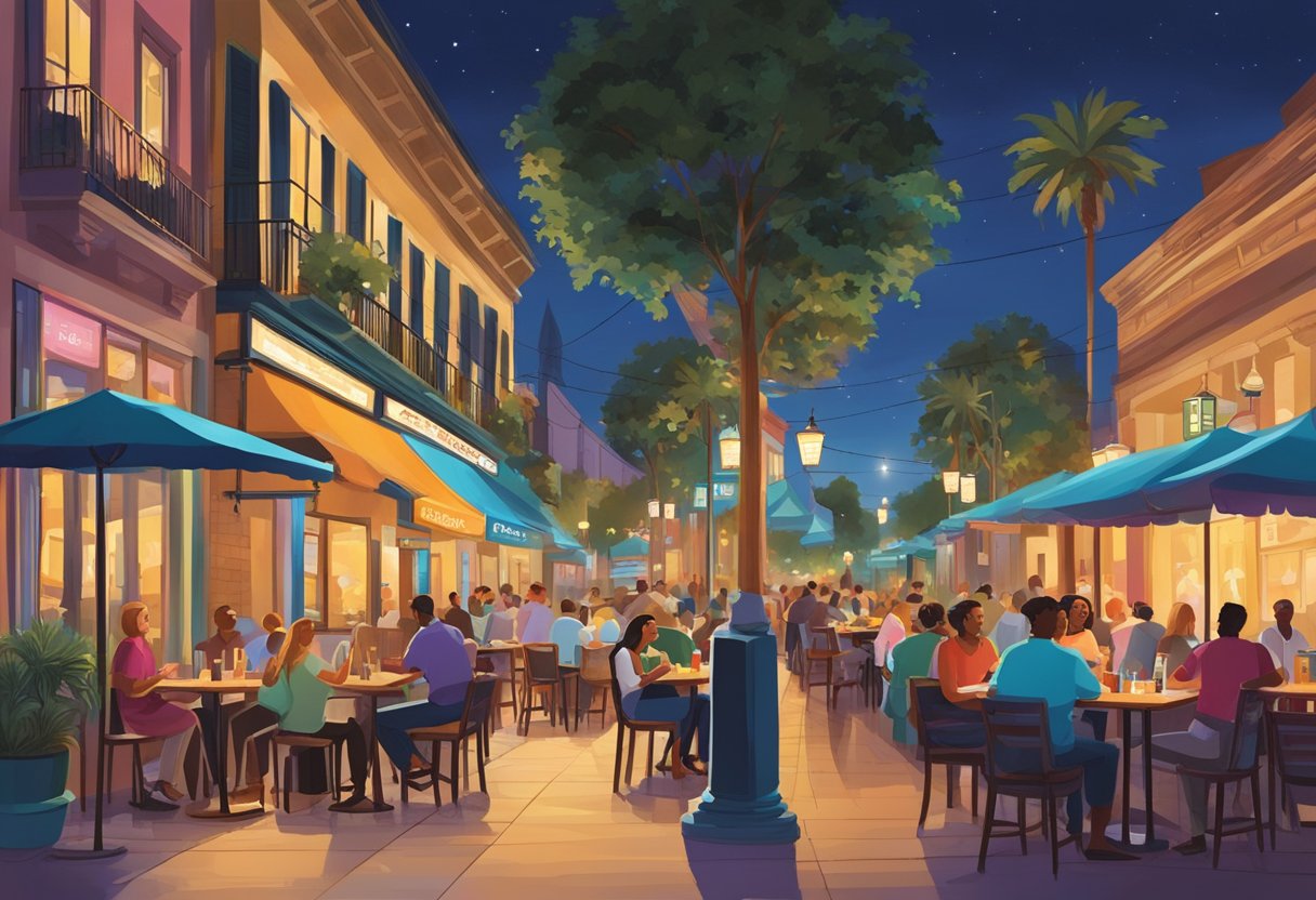 A bustling street lined with diverse restaurants and illuminated signs. Patrons linger at outdoor tables, enjoying the vibrant atmosphere of Orlando's late-night dining scene