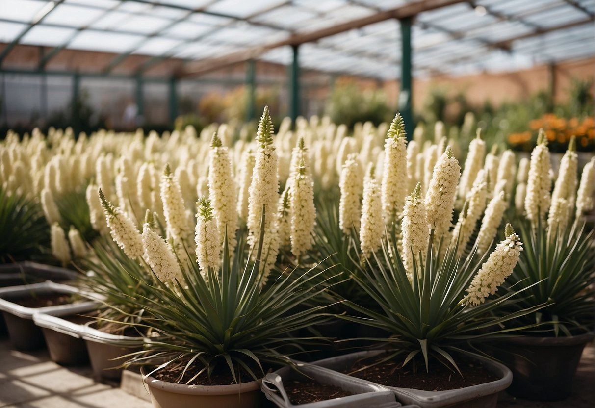 A garden center with rows of vibrant yucca plants in bloom, labeled with "Frequently Asked Questions: Where to buy yucca flowers plants."