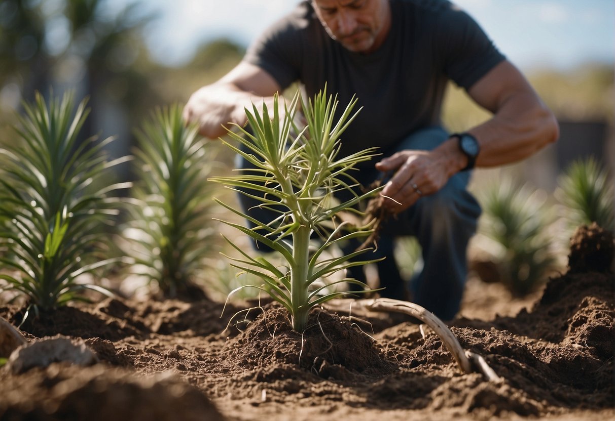 A yucca plant being carefully uprooted from its current location, with a gardener preparing to transplant it into a new pot or garden bed