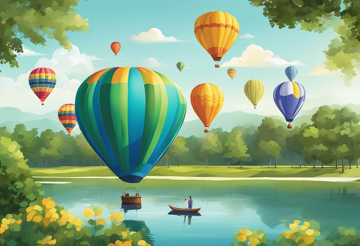 Colorful hot air balloons float over the serene lakes and lush greenery of Orlando, while families enjoy picnics and outdoor activities in the scenic parks