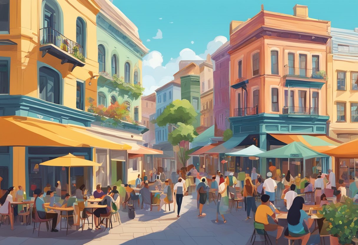 A bustling street lined with colorful buildings, outdoor cafes, and live music venues. Tourists and locals mingle, soaking in the vibrant atmosphere