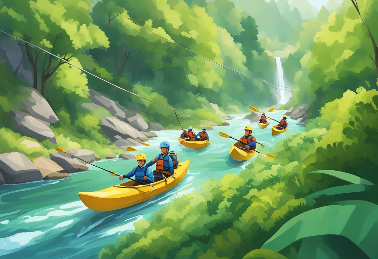 A group of people ziplining through lush green trees, while others kayak down a winding river, and some hike through rugged terrain