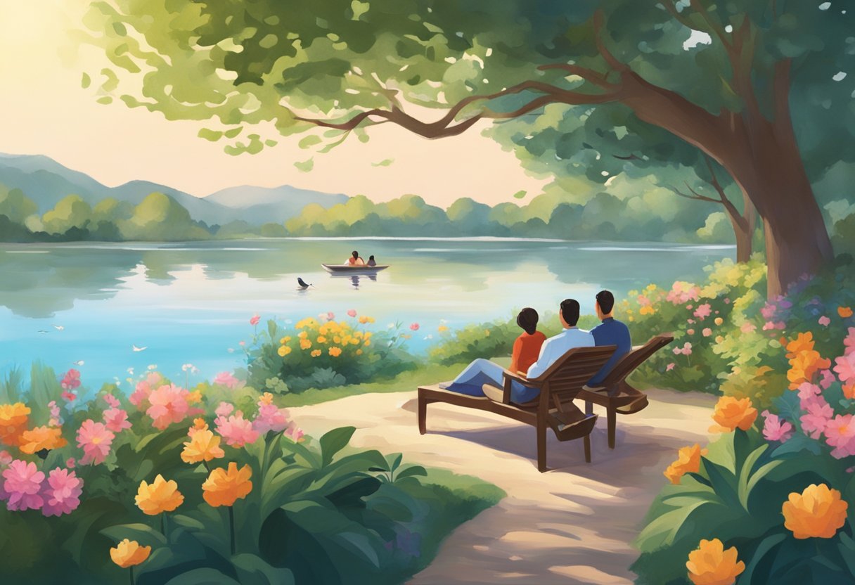 People lounging by a serene lake, surrounded by lush greenery and colorful flowers. A gentle breeze rustles the leaves as birds chirp in the distance