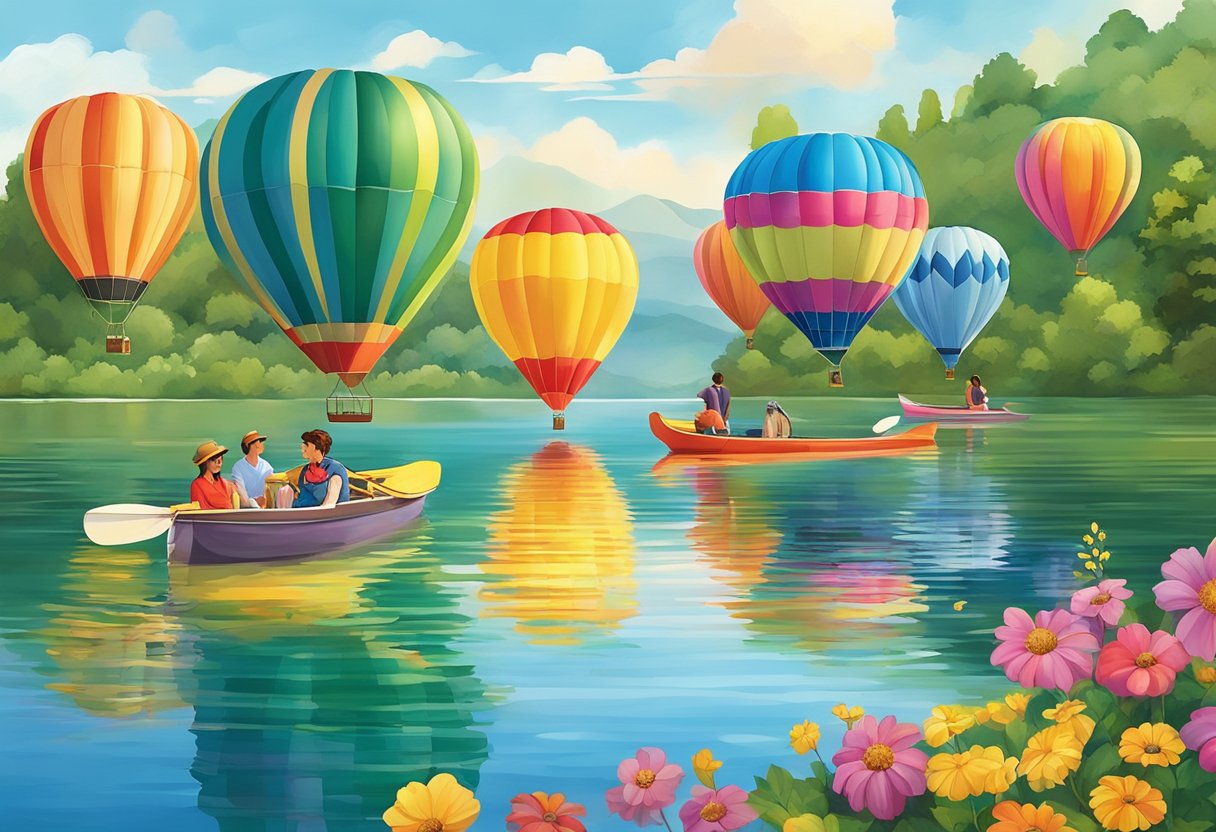 Colorful hot air balloons float above a serene lake with a backdrop of lush greenery and vibrant flowers, while families enjoy picnics and paddle boating along the peaceful waters