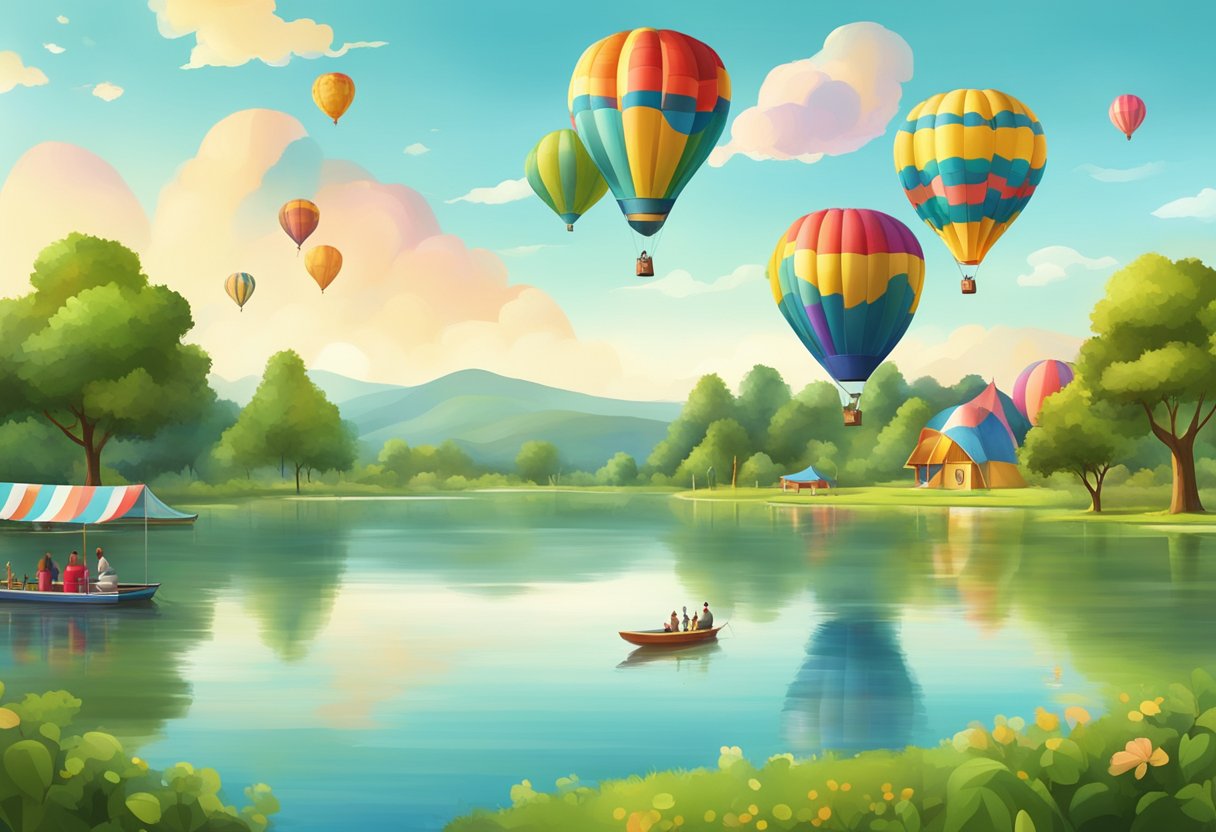 Colorful hot air balloons float above a serene lake, while families enjoy picnics and play outdoor games in a lush green park