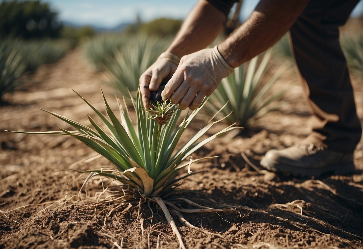 Spraying herbicide on yucca plants. Digging out roots. Chopping and burning