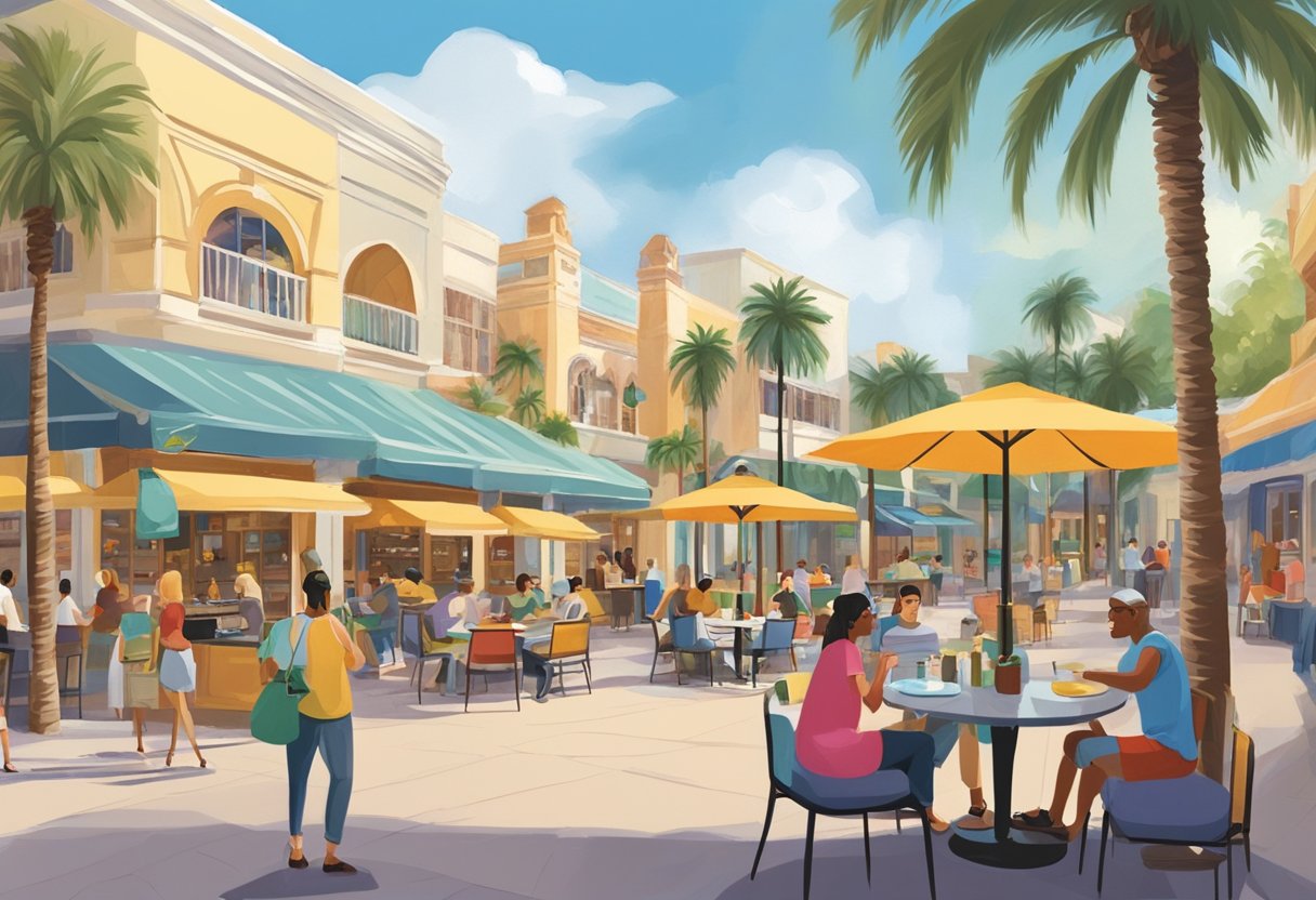 People enjoying outdoor dining and shopping at non-theme park attractions in Orlando. Tables and chairs, storefronts, and palm trees create a lively atmosphere