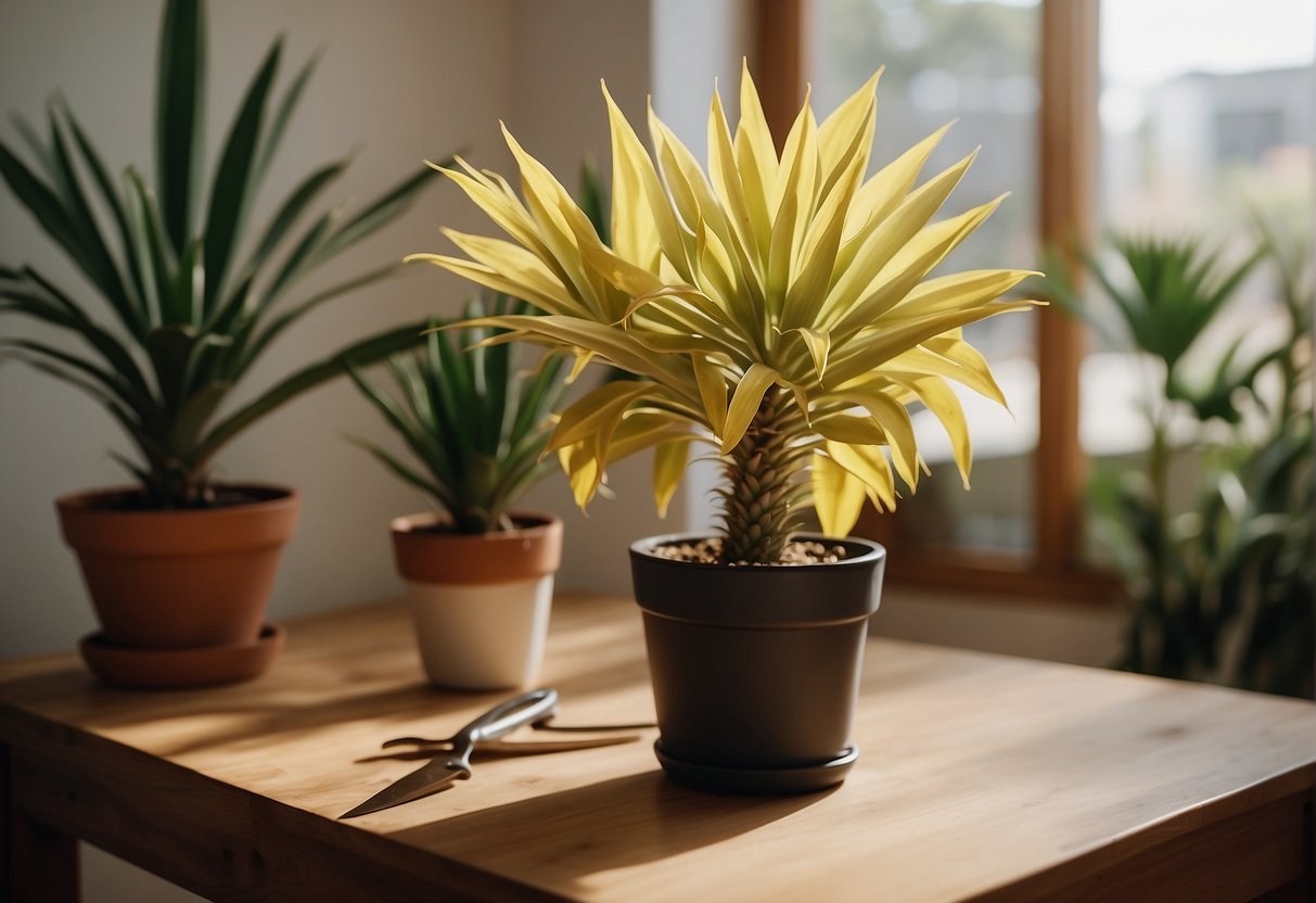 A yucca plant with yellowing leaves stands in a bright room. A person waters it and trims the yellow leaves with gardening scissors