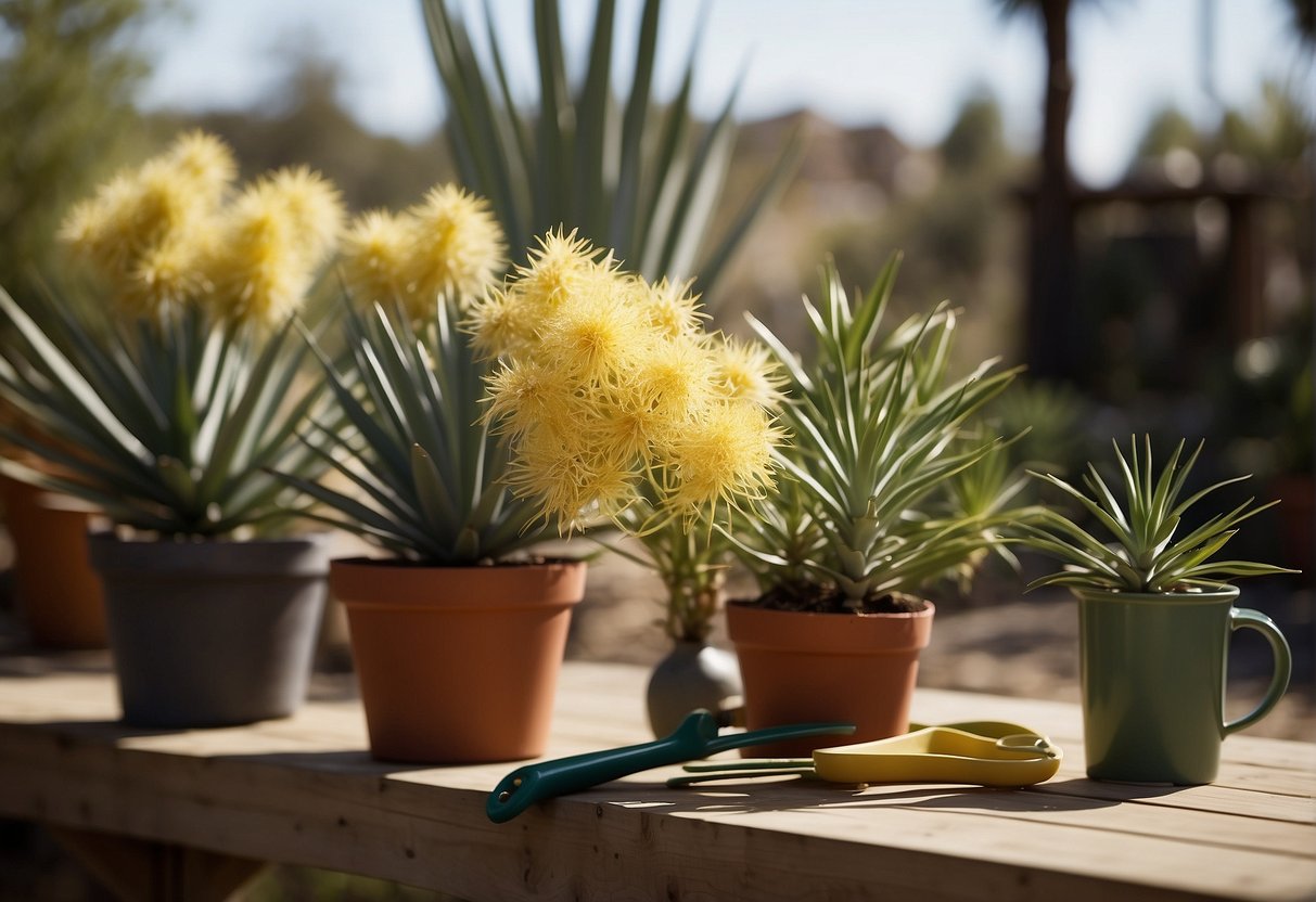 A yucca plant with partial yellow leaves, surrounded by gardening tools and a watering can, with a care guide open nearby