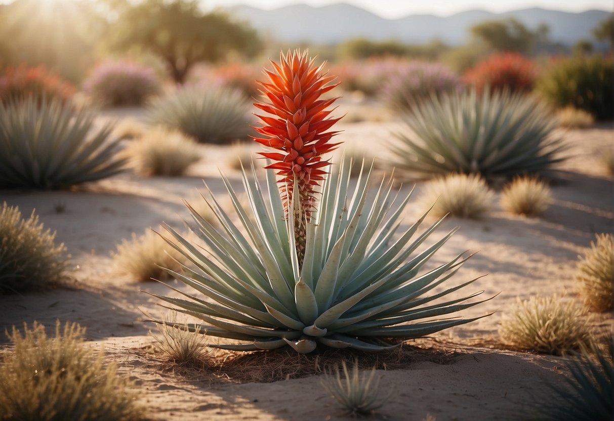 Red yucca surrounded by drought-tolerant companions like agave and lavender, set against a backdrop of sandy soil and bright sunlight