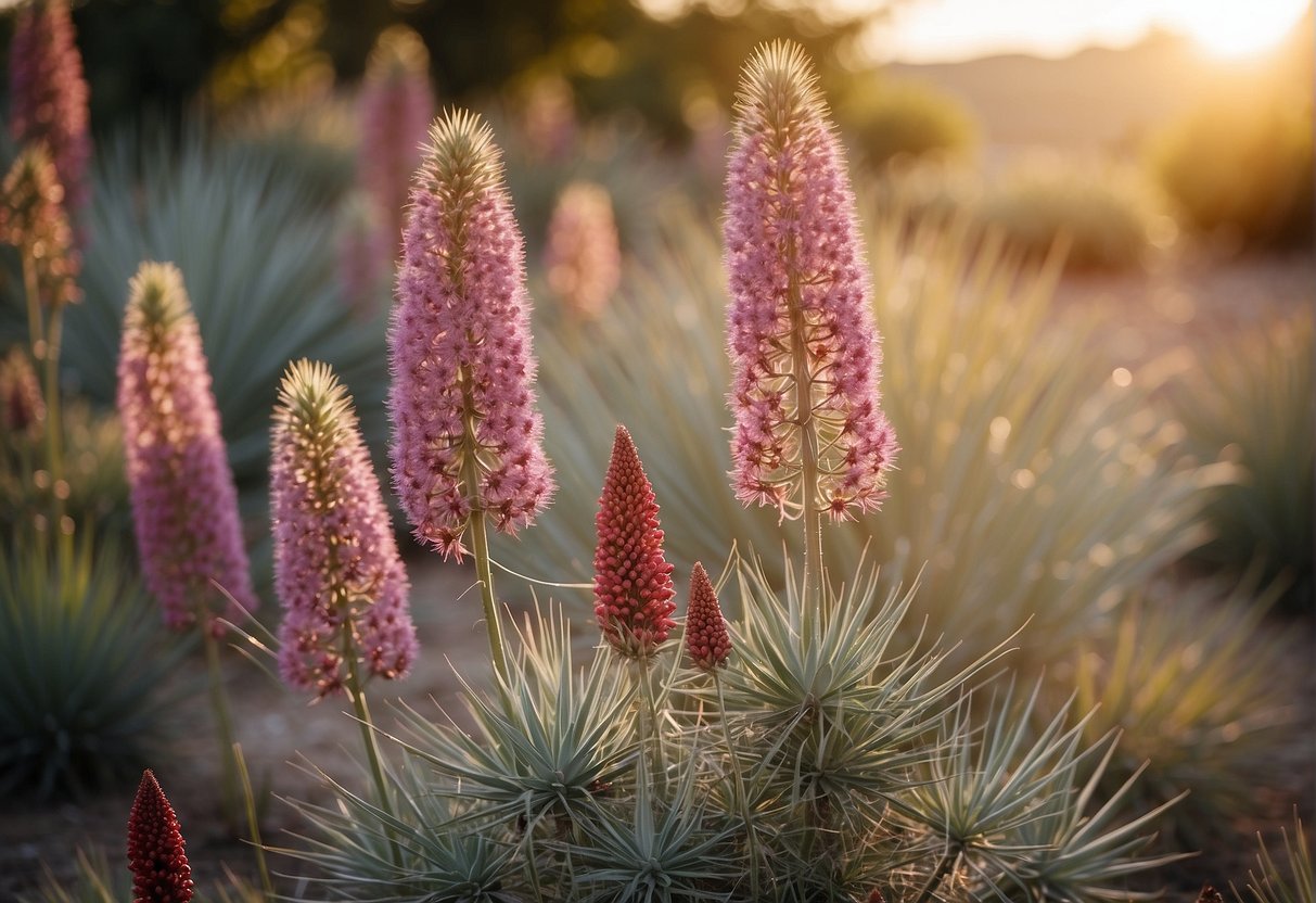 Red yucca surrounded by vibrant companions: purple coneflowers, Mexican feather grass, and agave. Sunlight illuminates the diverse foliage