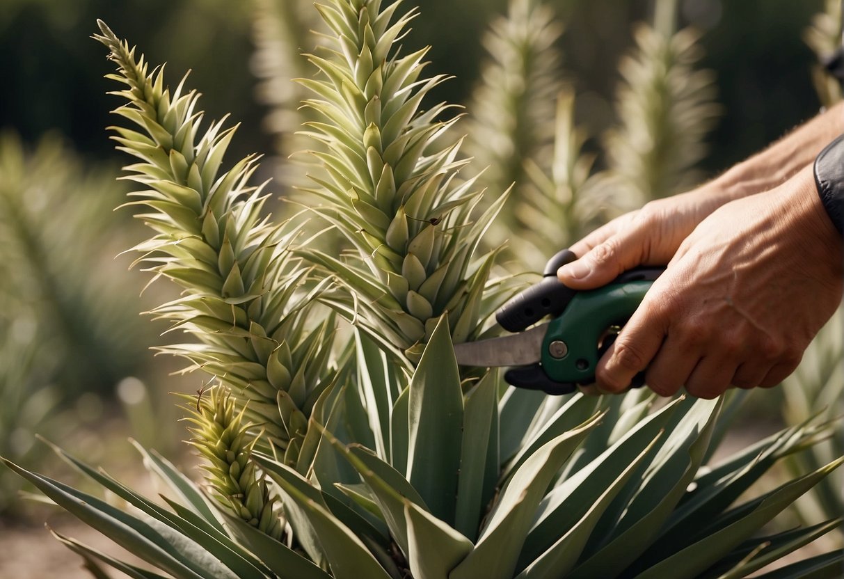 Yucca plants being pruned and maintained post-blooming, with the focus on cutting the flowers off