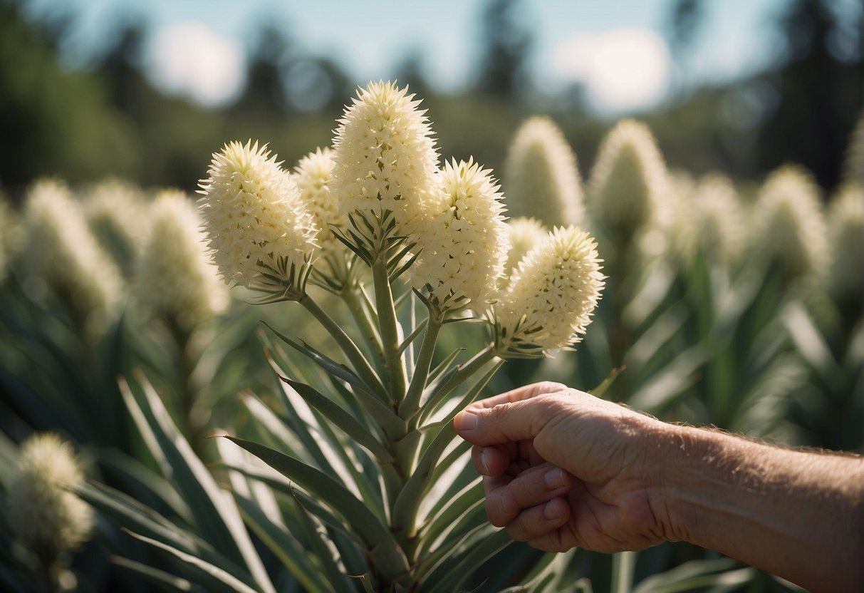 Yucca plants with blooming flowers being trimmed by hand