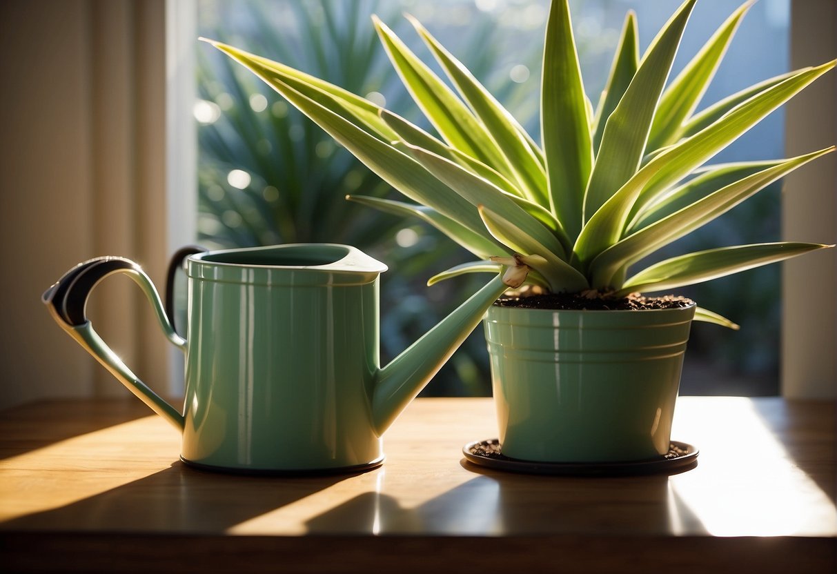 A watering can pours water onto a potted yucca plant. Sunlight streams through a nearby window, illuminating the green leaves. A bag of well-draining soil sits nearby