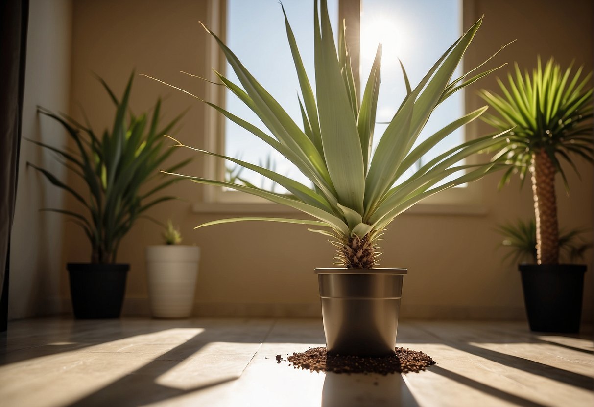 A yucca plant sits in a sunny room, its tall, sword-shaped leaves reaching towards the light. A watering can and bag of well-draining soil sit nearby, ready for maintenance