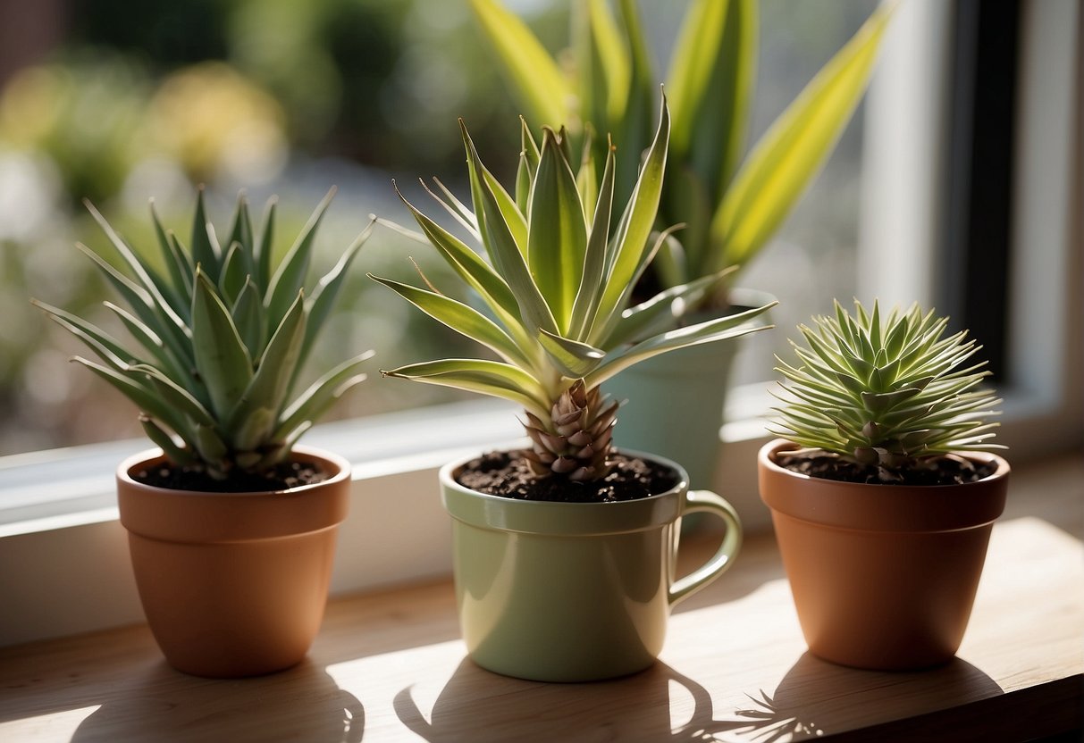 A yucca house plant sits on a sunny windowsill, surrounded by a few small pots of soil and a watering can. A care guide for yucca plants is open nearby