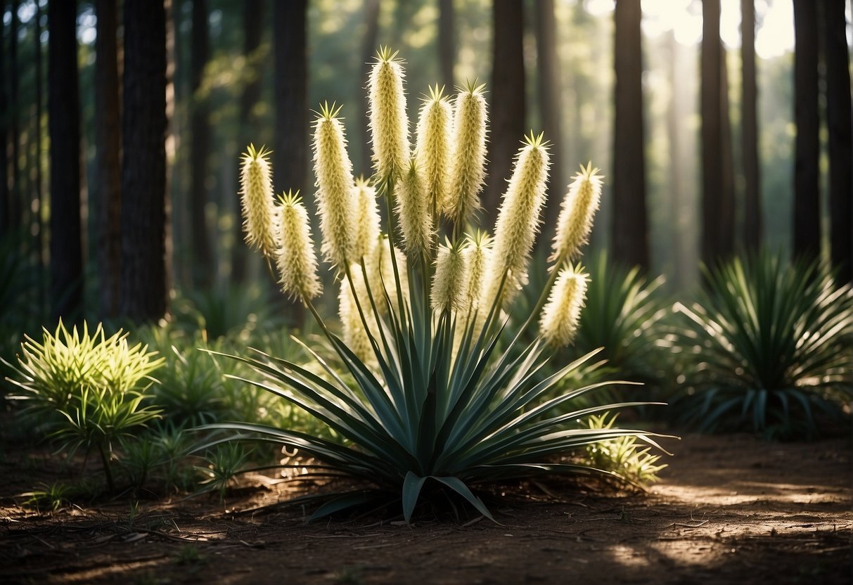 Several yucca plant varieties thrive in temperate woodlands, their long, sword-shaped leaves reaching towards the sunlight. The plants are surrounded by tall trees and dappled sunlight filters through the branches above