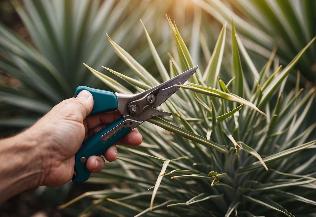 A pair of pruning shears cutting back the tall, spiky leaves of a flowering yucca plant, with a pile of trimmings nearby
