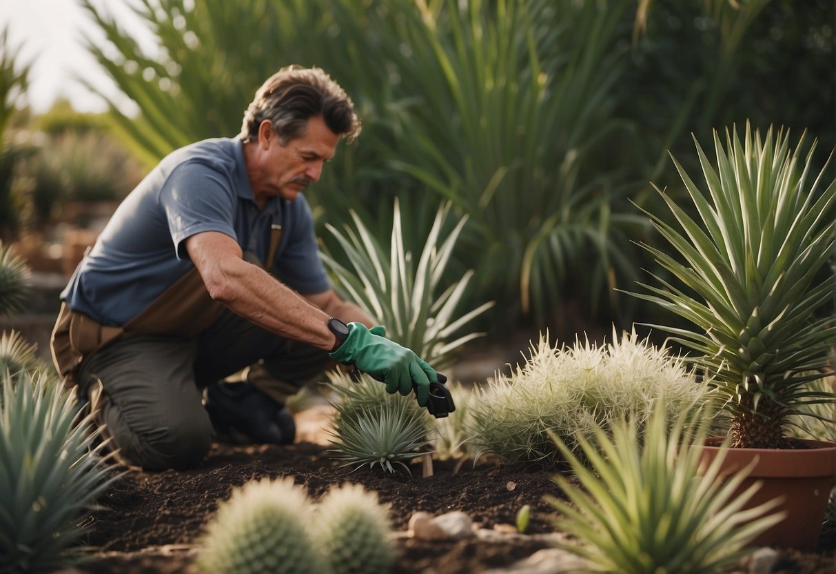 A gardener pruning a blooming yucca plant, surrounded by a variety of gardening tools and equipment