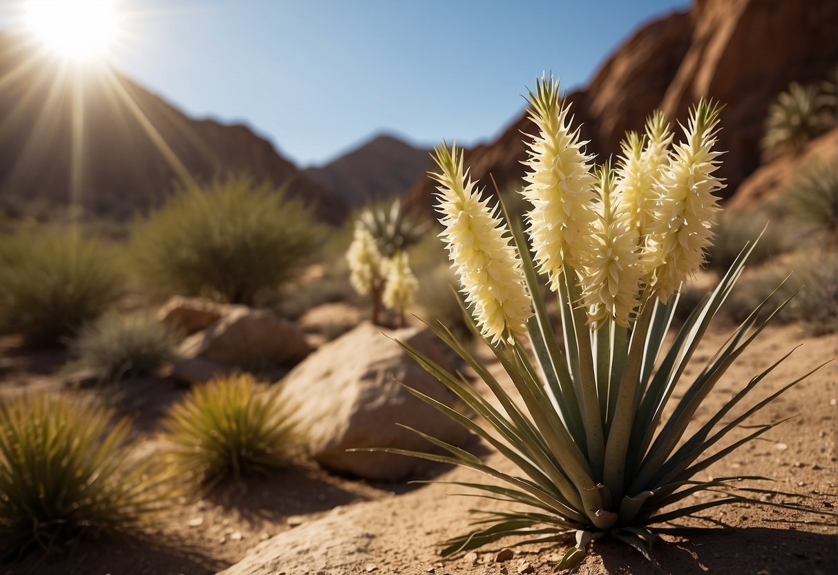 Yucca plants thrive in arid zone d9, surrounded by rocky terrain and under the bright sun
