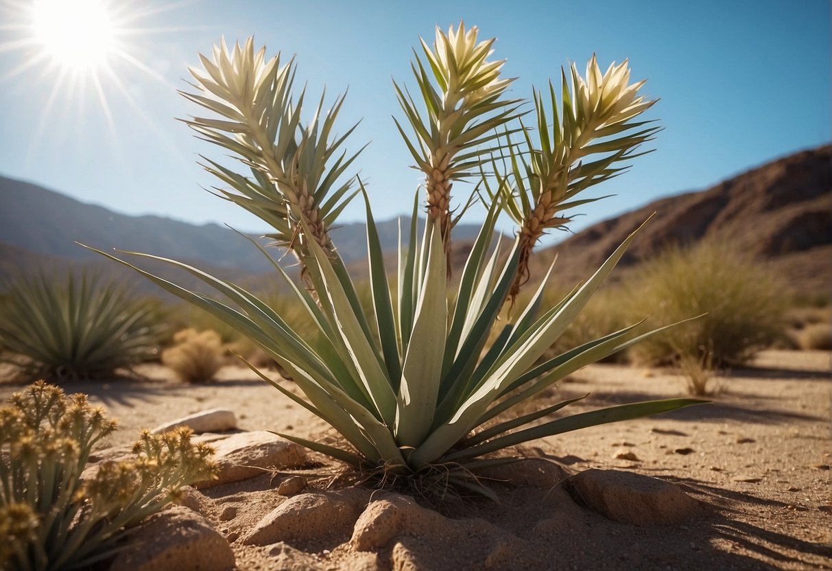 A thriving yucca plant in a dry, arid landscape, with rocky soil and bright sunlight. The plant is tall and sturdy, with long, sword-shaped leaves and a towering flower spike