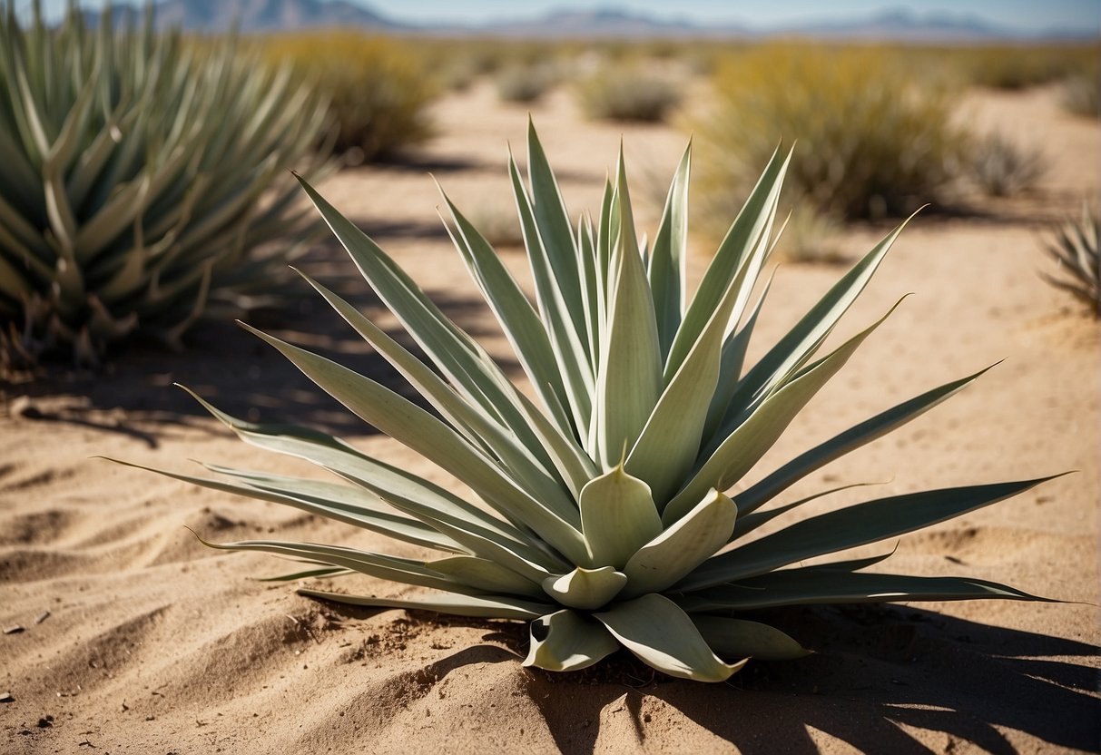 A yucca plant thrives in a sunny, well-drained area with sandy soil. It is surrounded by other desert plants and basks in the warmth of the dry climate