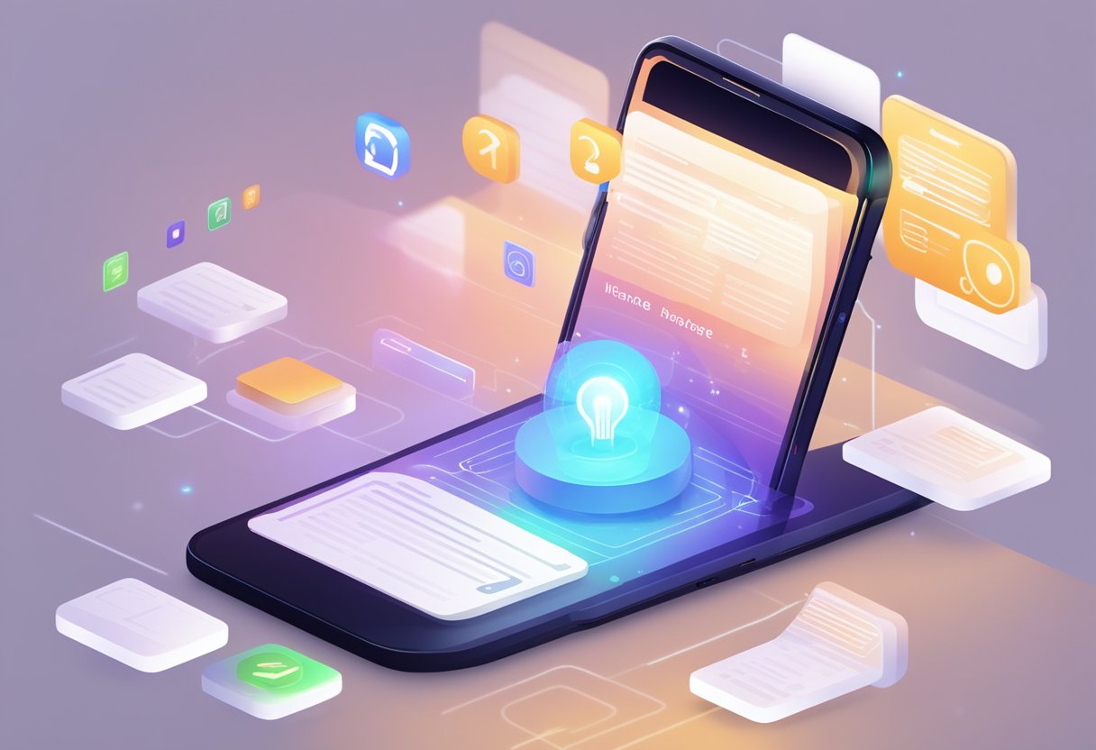 A glowing knowledge base hovers above a smartphone, radiating information to a user. The app interface is sleek and modern, with intuitive self-service features