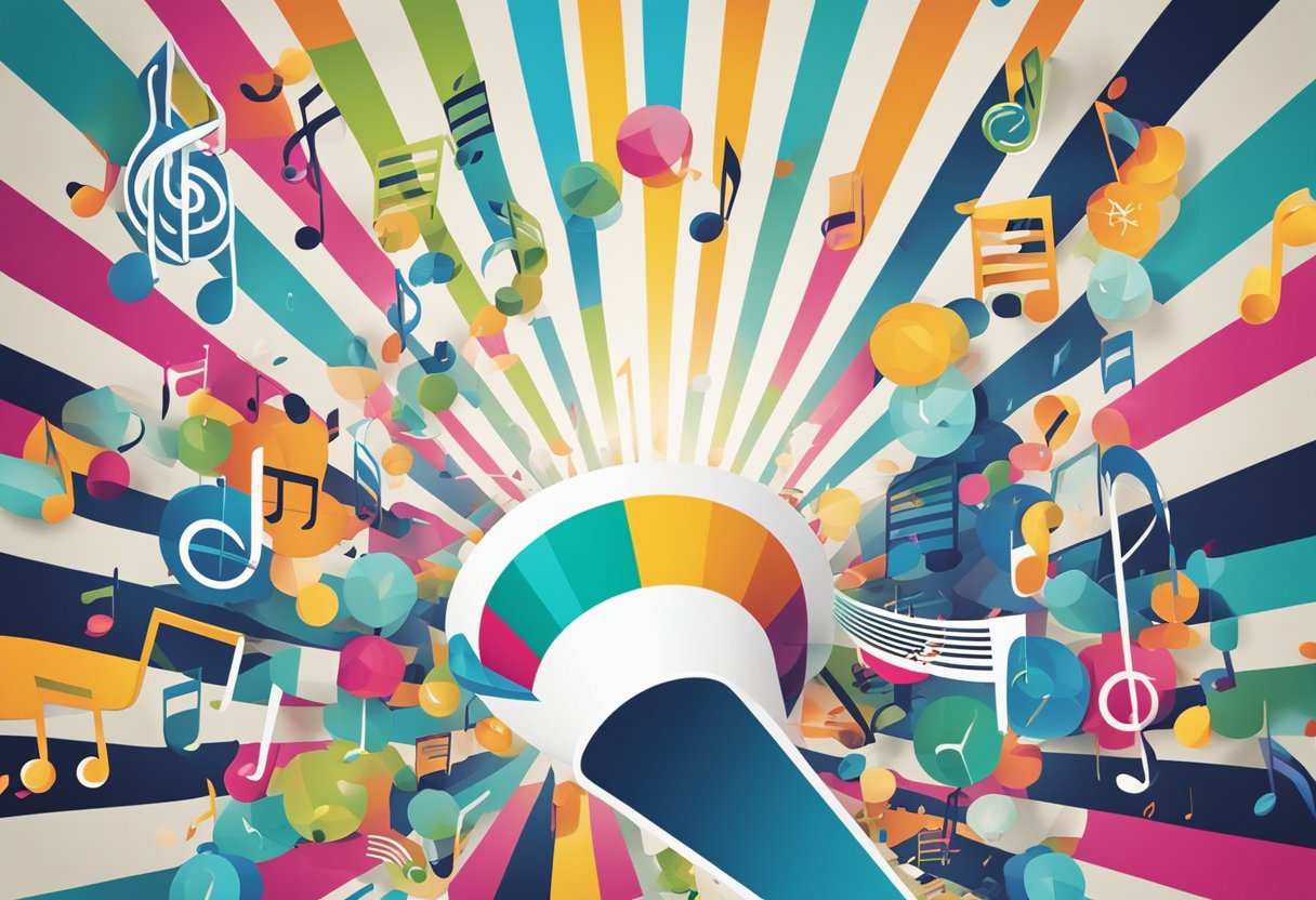 Colorful music notes and sound waves flow from a giant funnel, leading to various streaming platforms. The words "Musician's Guide to Marketing in 2024" are displayed prominently above the funnel
