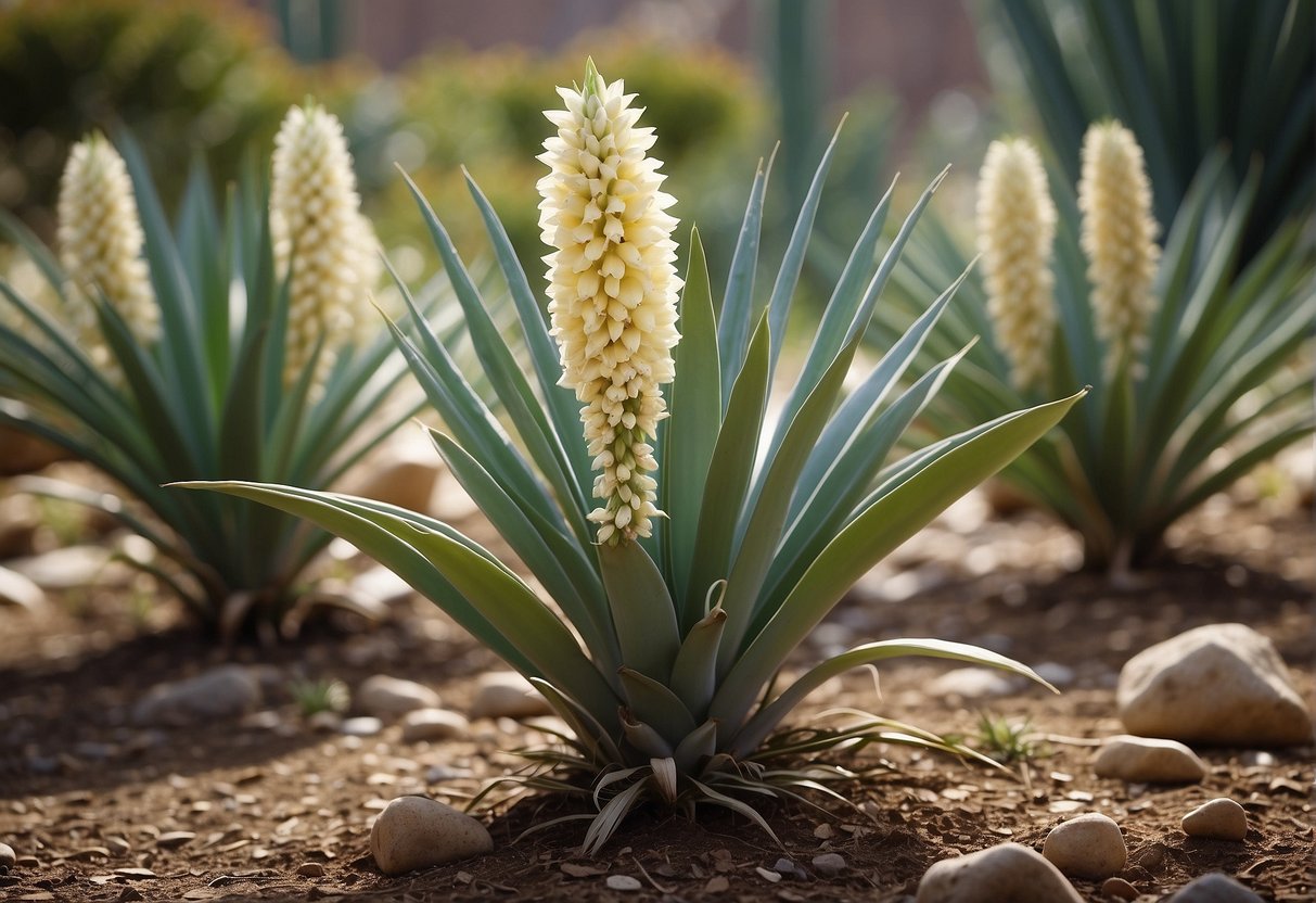 Yucca plant bulbs surround the flowers, needing care and maintenance