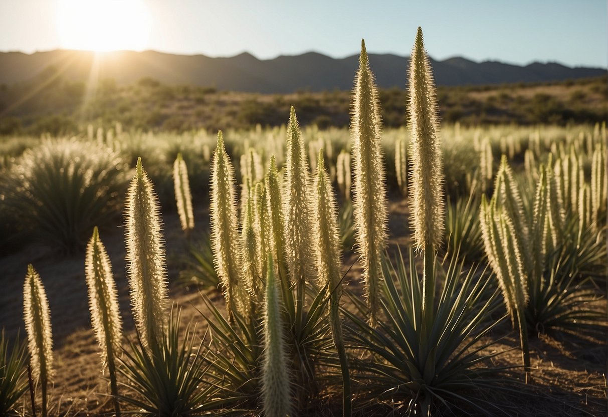 Yucca plants dot a sun-drenched pasture, their spiky leaves casting long shadows. A farmer surveys the land, pondering how to rid the field of the stubborn vegetation