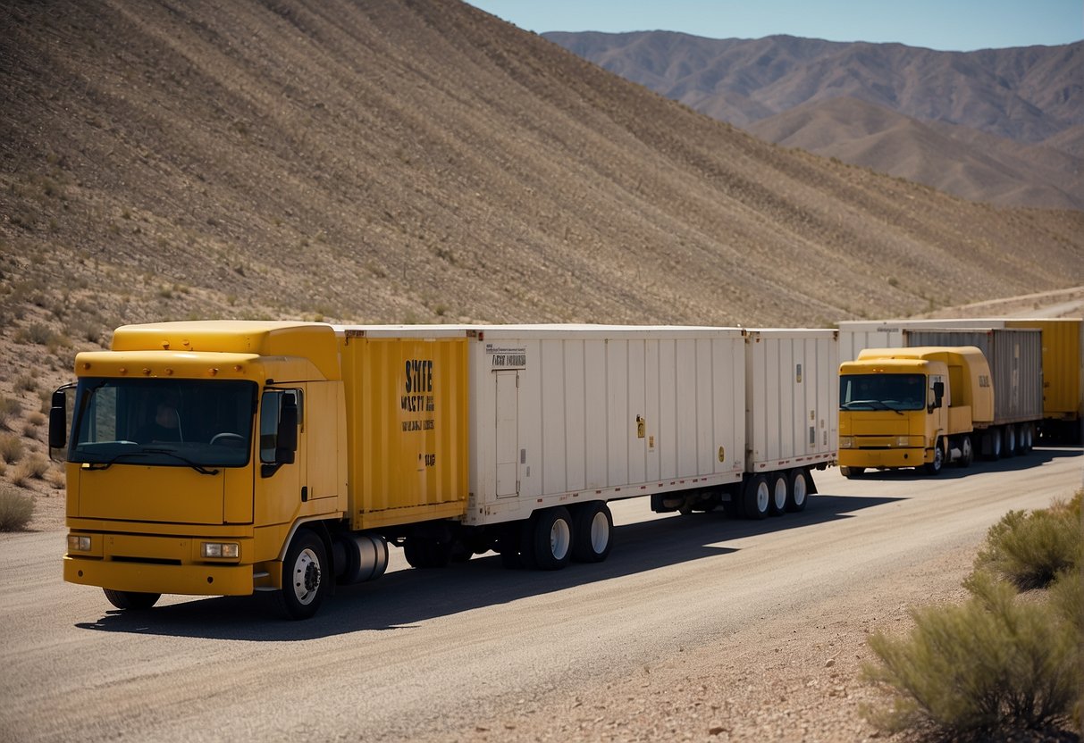 Nuclear waste containers lined up at Yucca Mountain, with trucks transporting them for storage