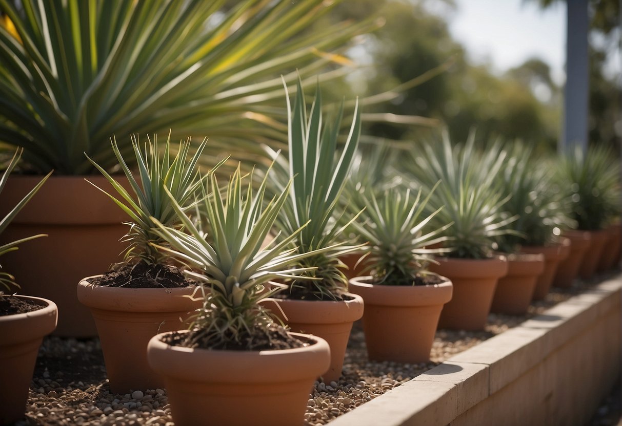 Yucca plants pruned and contained in pots to prevent overgrowth