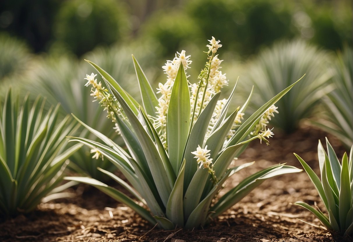 Yucca plants being treated with insecticide, surrounded by healthy plants