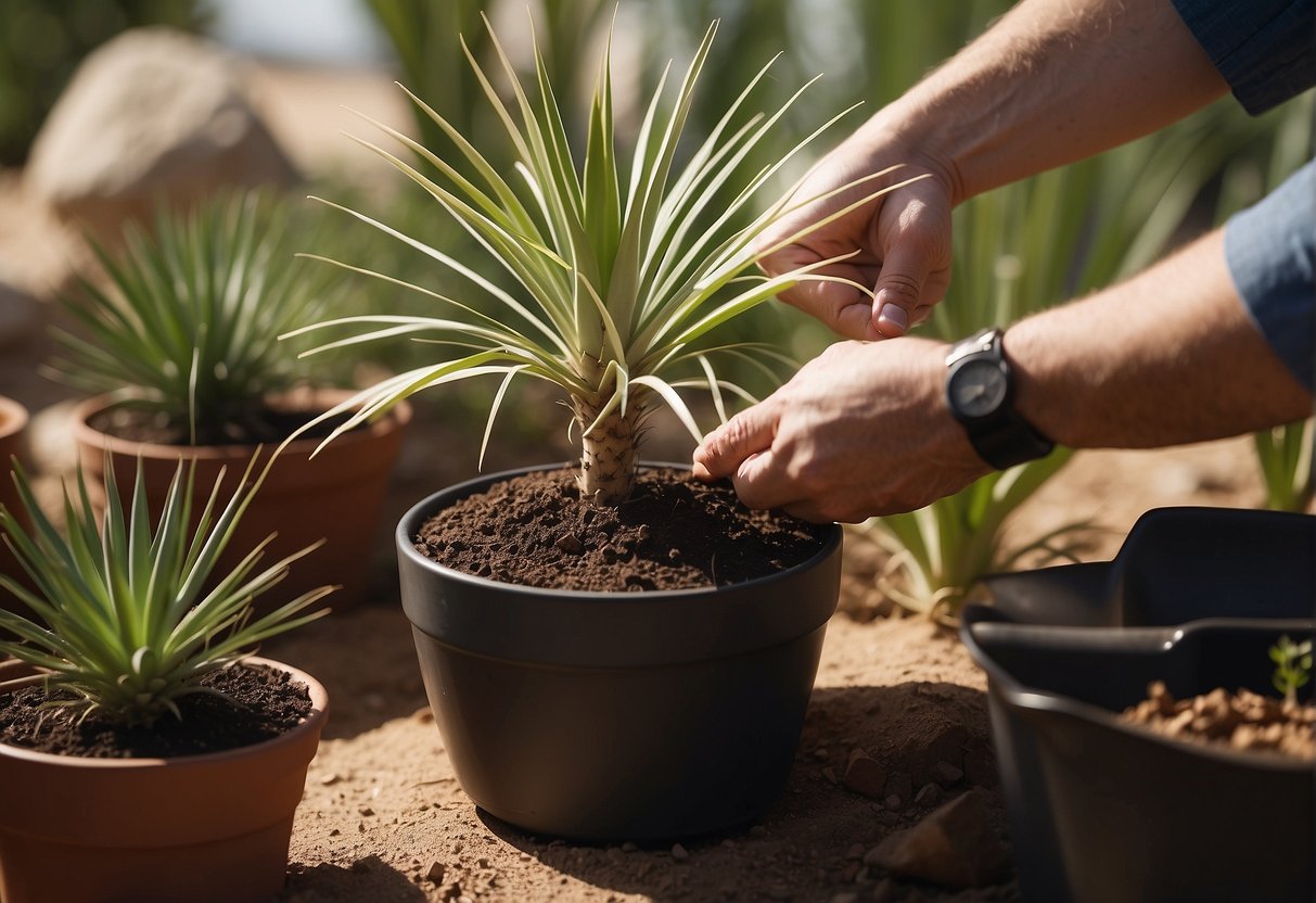 A yucca plant being carefully removed from its pot, roots gently separated, and then replanted into a larger pot with fresh soil