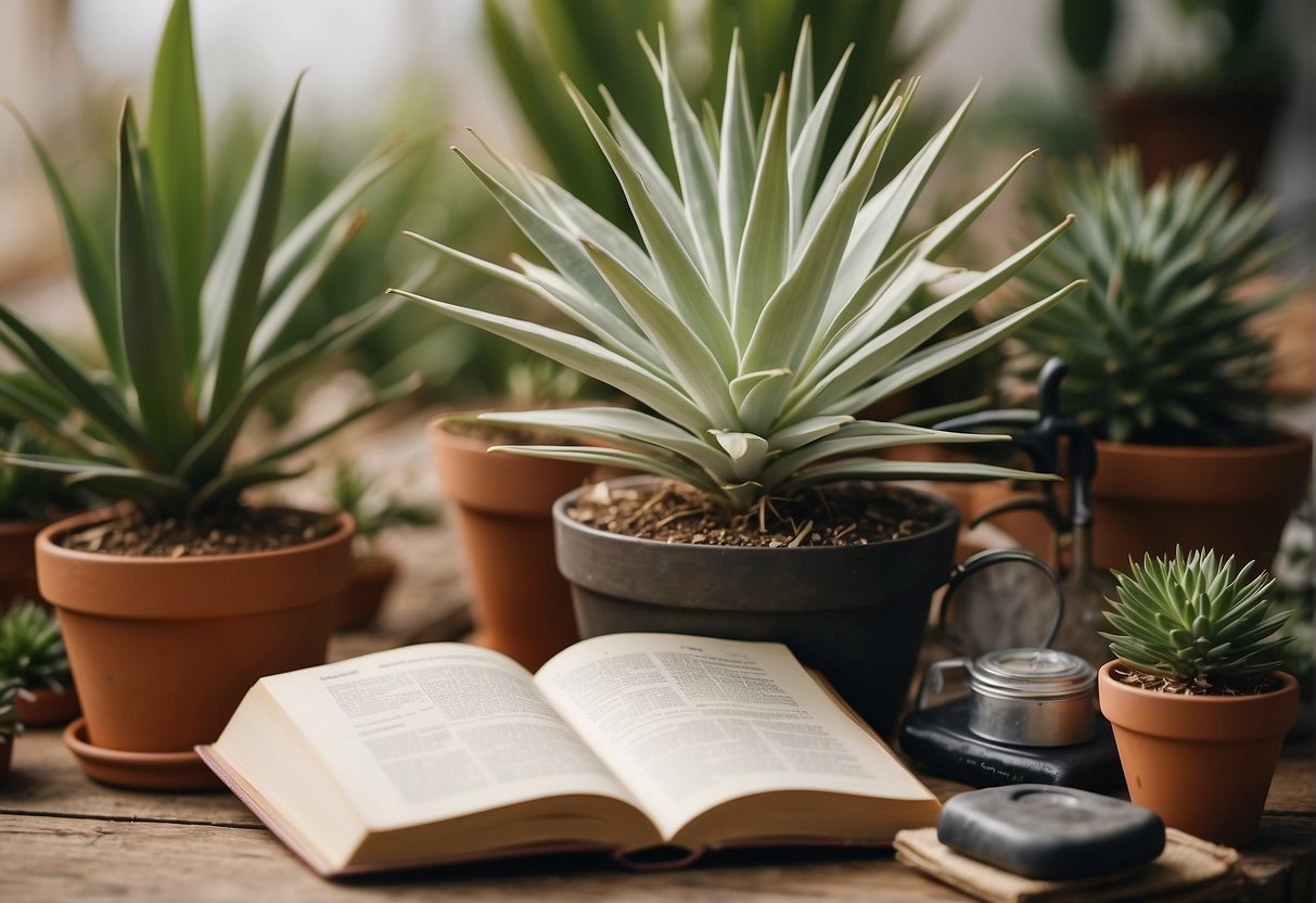 A yucca plant surrounded by gardening tools and a care guide book