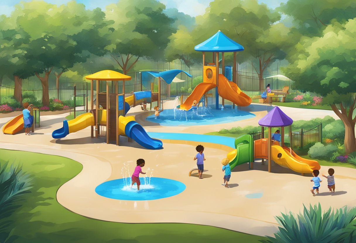 Colorful toddler water play area with gentle slides, splash pads, and interactive fountains. Shaded seating for parents and vibrant tropical landscaping