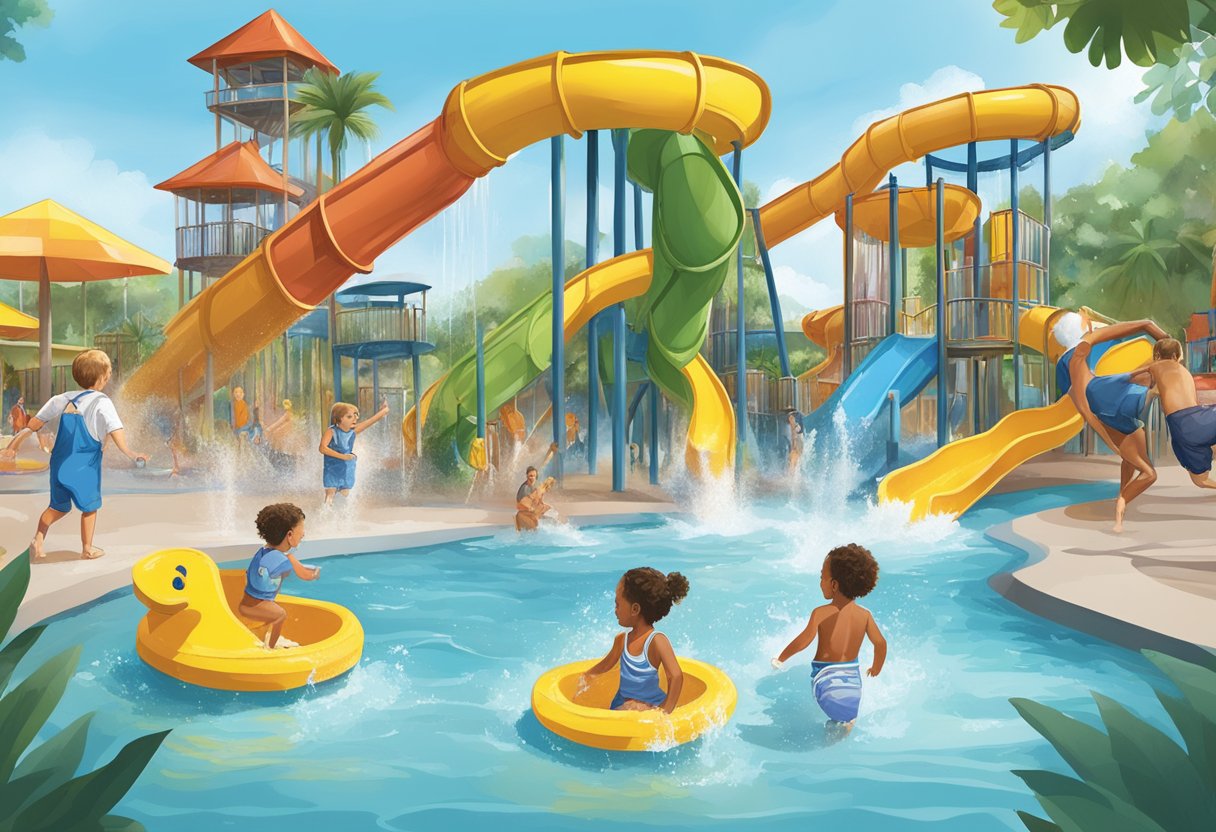 Toddlers splash in shallow pools, giggle down mini slides, and play under gentle sprays at Orlando's water parks