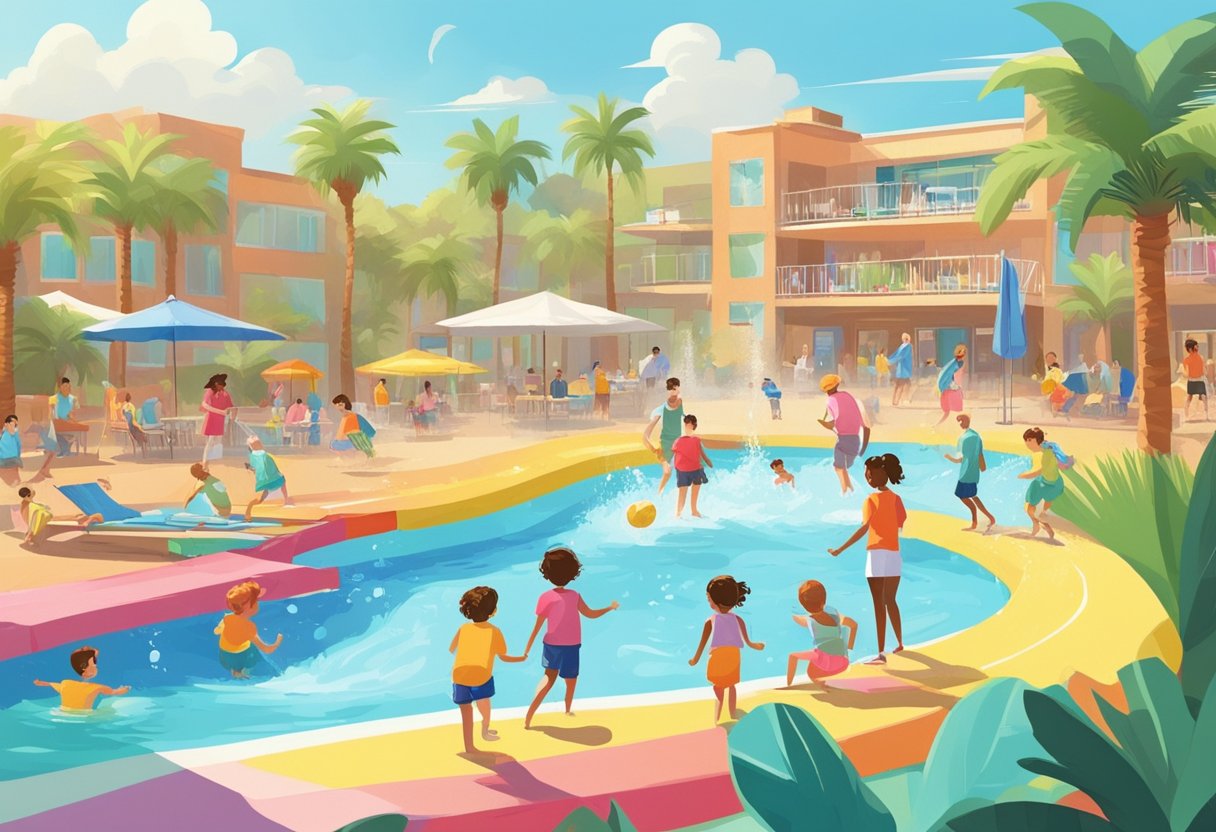 Children splashing in shallow pools, colorful slides, and gentle water sprays. Parents supervising from nearby lounge chairs. Bright, sunny skies and palm trees in the background