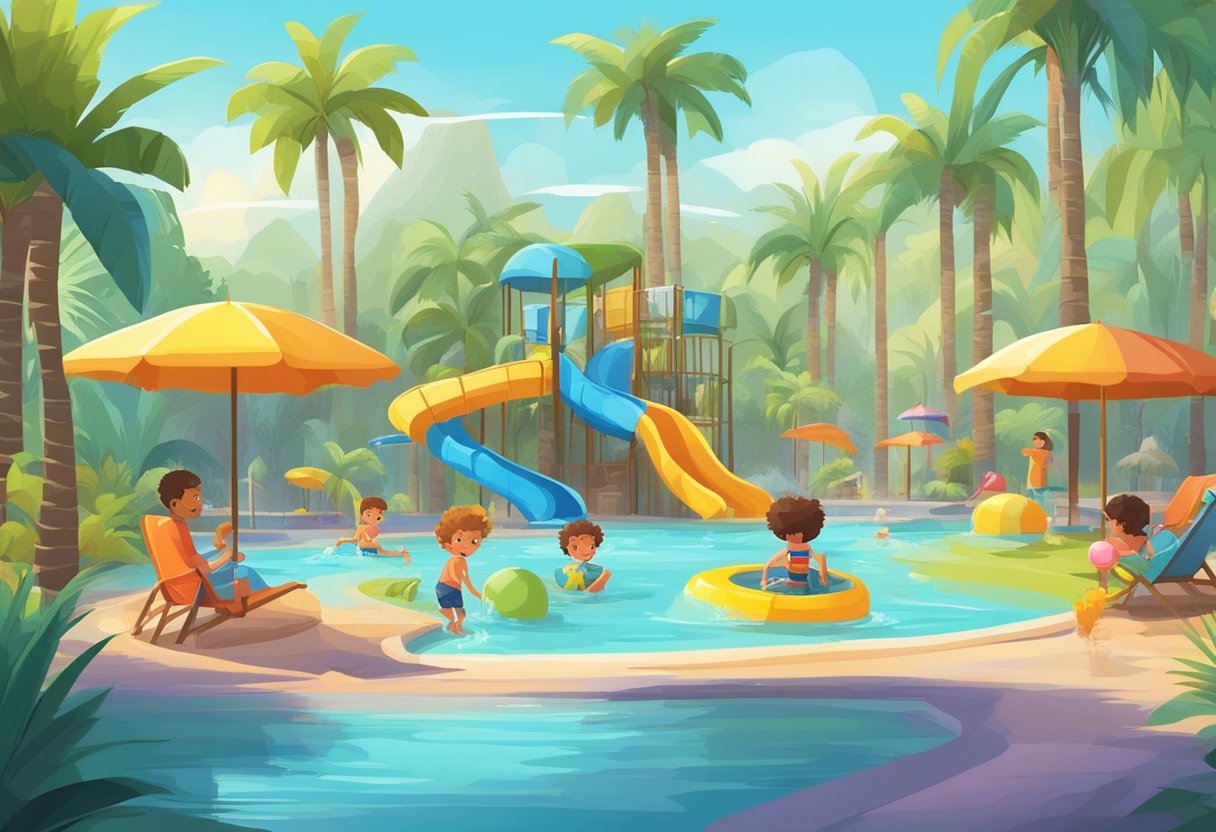 Children play in shallow pools with colorful slides and water sprays. Parents watch from lounge chairs under umbrellas. Palm trees and tropical plants surround the area